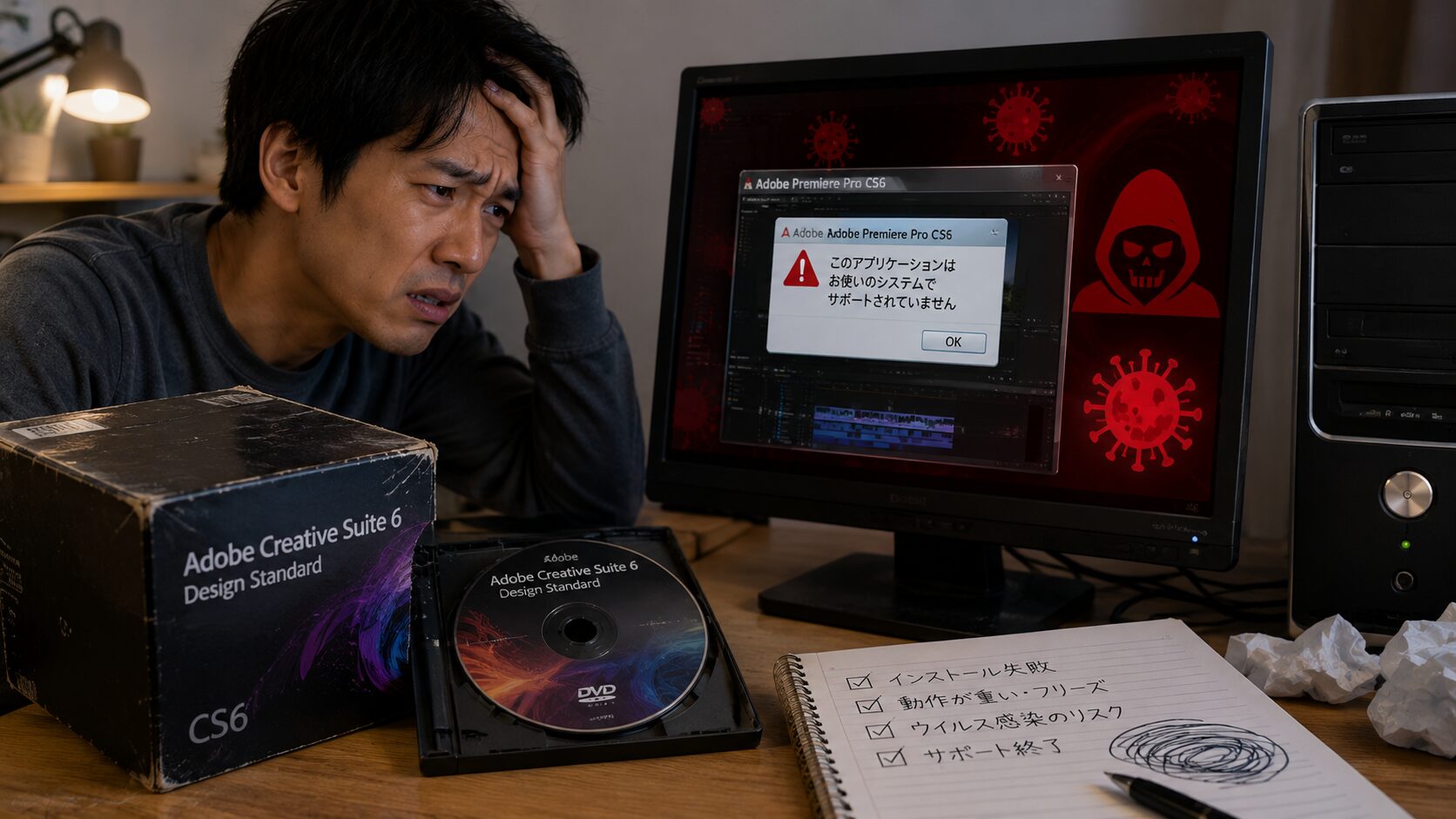 古い動画編集ソフトとウイルス感染リスクに悩む日本人男性のイメージ