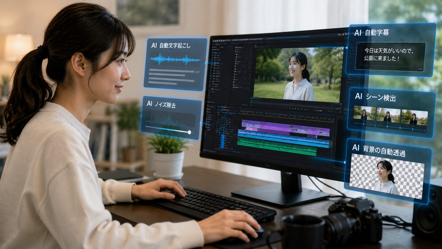 AI機能を活用しながら動画編集を行う日本人女性クリエイター