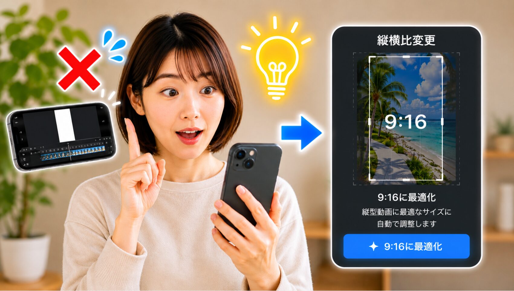iMovieの代わりに、日本人女性のクリエイターが代替動画編集アプリを試している。画面には、縦動画編集に特化した便利な機能が表示されている。