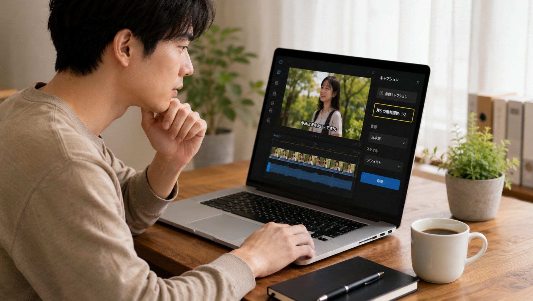 CapCutの自動キャプションが月2回までに制限され、無料回数の残数を確認している様子