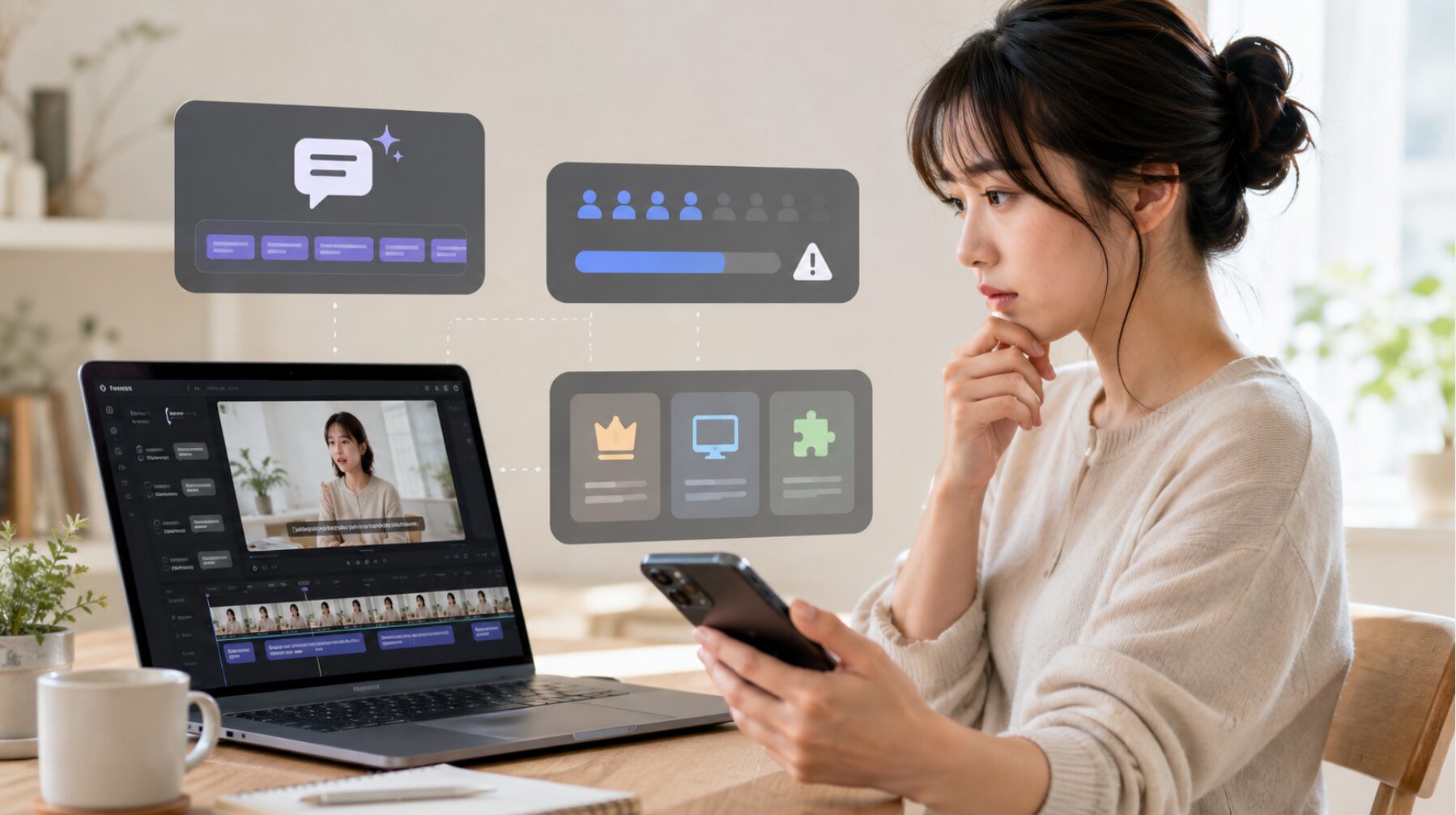 CapCutの自動キャプション有料化や無料回数制限、プラン比較を確認しながら動画編集方法を検討する女性