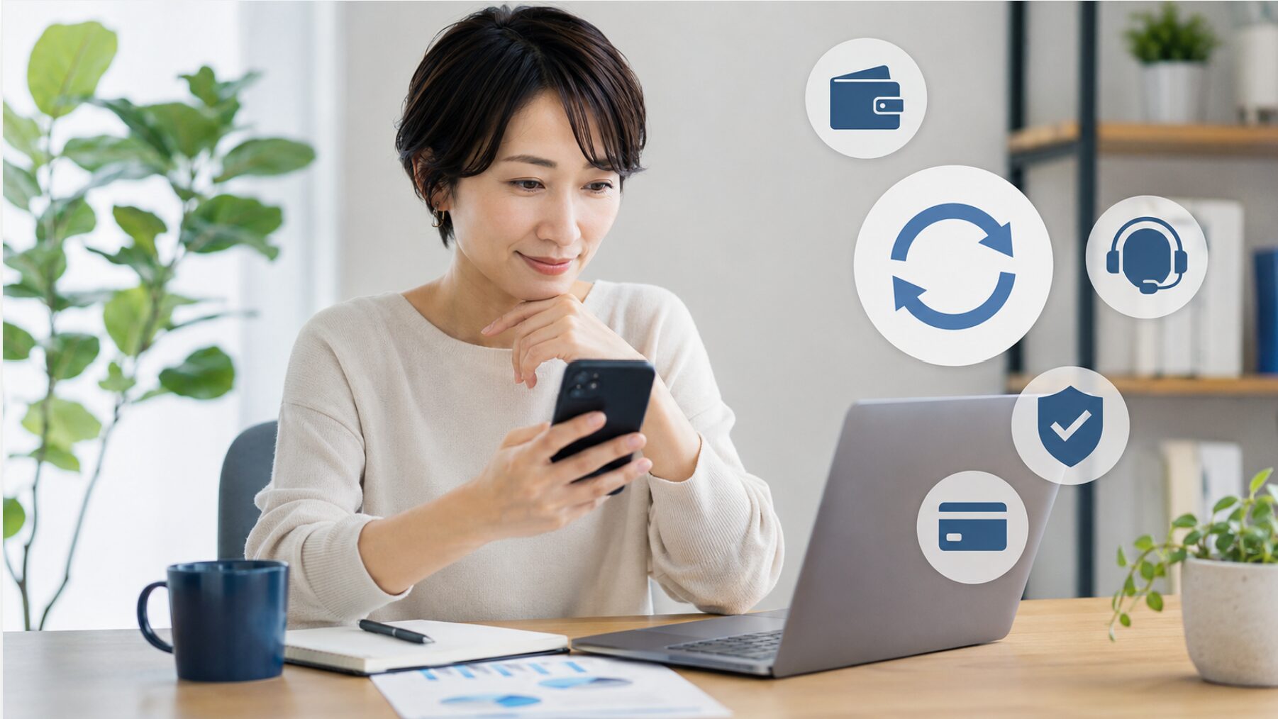 CapCutで課金された後にスマートフォンで返金申請先を確認する日本人女性