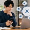 スマートフォンとパソコンでCapCut無料体験の解約や自動更新を確認する日本人男性