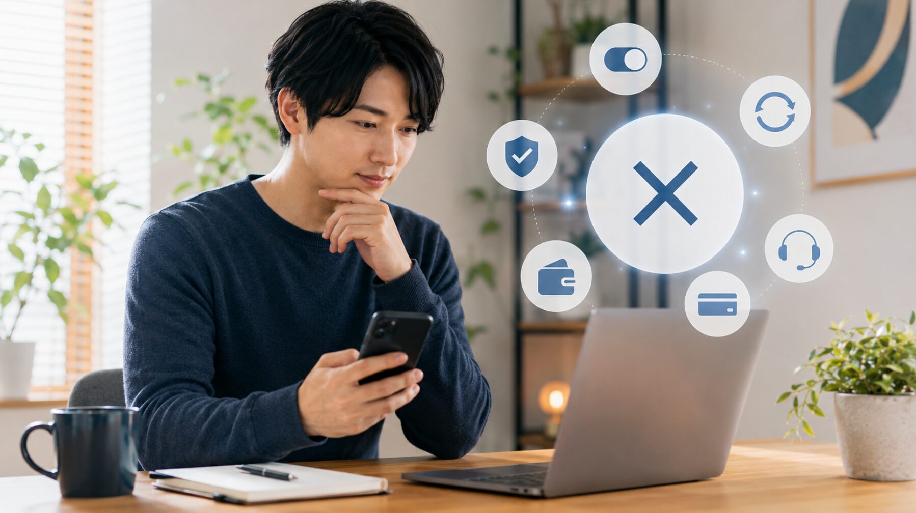スマートフォンとパソコンでCapCut無料体験の解約や自動更新を確認する日本人男性