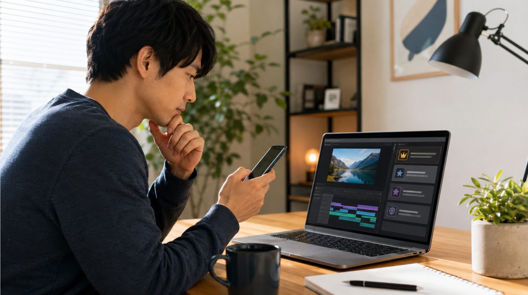 スマートフォンとパソコンでCapCut無料体験の契約条件を確認する日本人男性