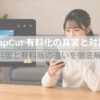 CapCutの再生ボタンロゴと円（¥）マークを組み合わせた画像。「キャップカット有料化の真実と対策」というテキスト 。