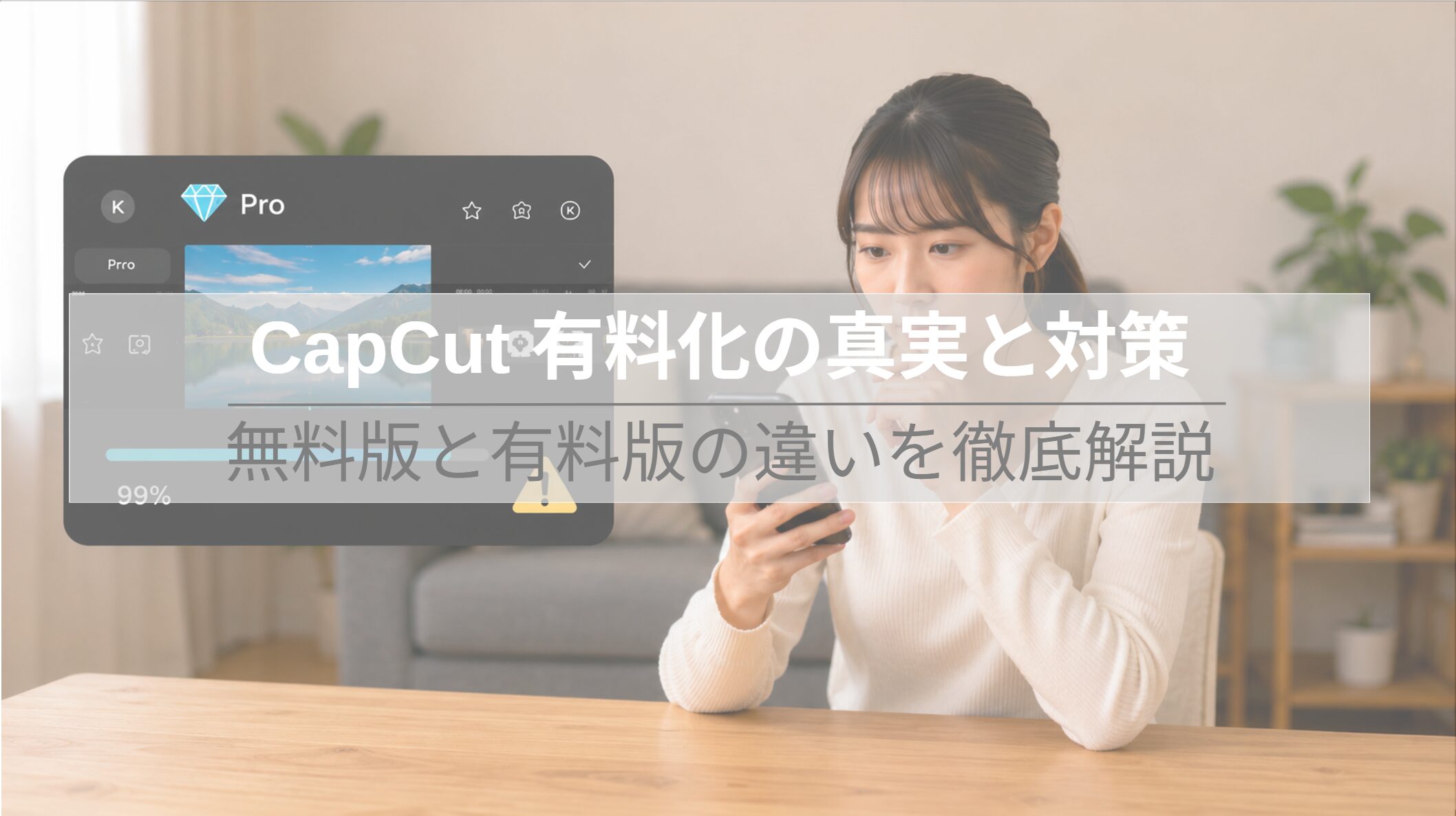 CapCutの再生ボタンロゴと円（¥）マークを組み合わせた画像。「キャップカット有料化の真実と対策」というテキスト 。