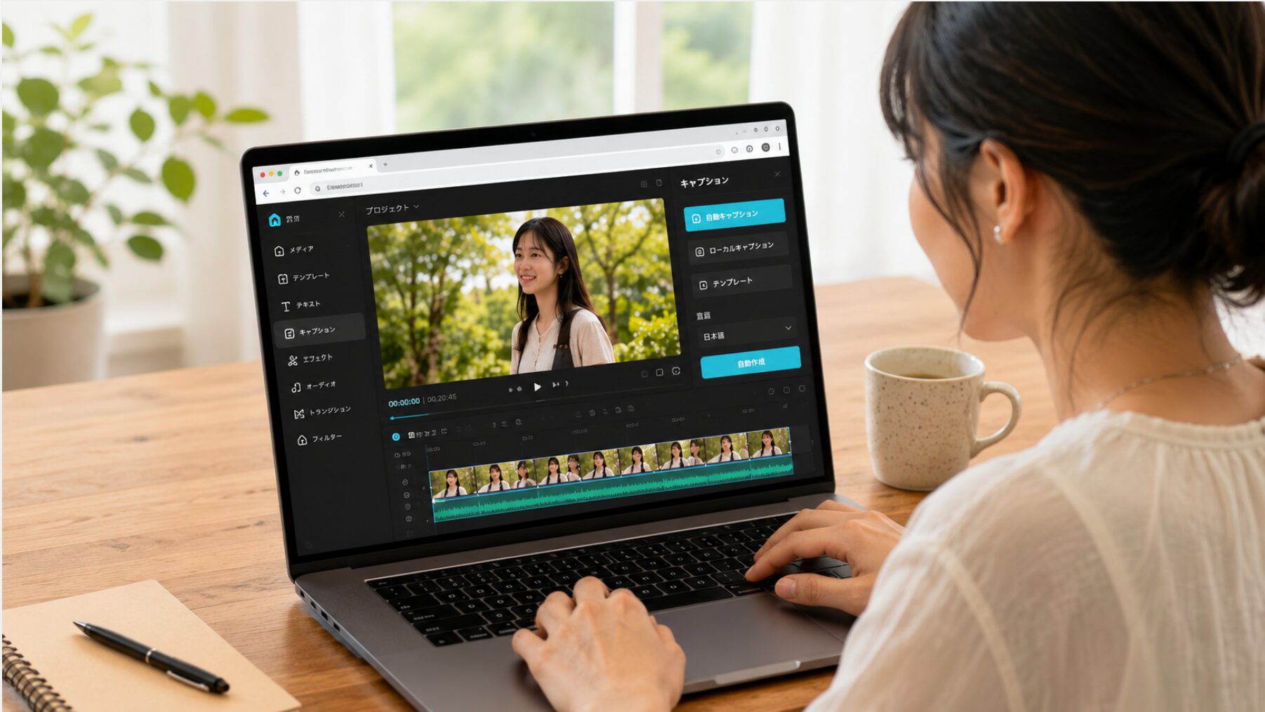 CapCutブラウザ版で動画を開き、自動キャプション機能を使って無料で字幕を作成している様子