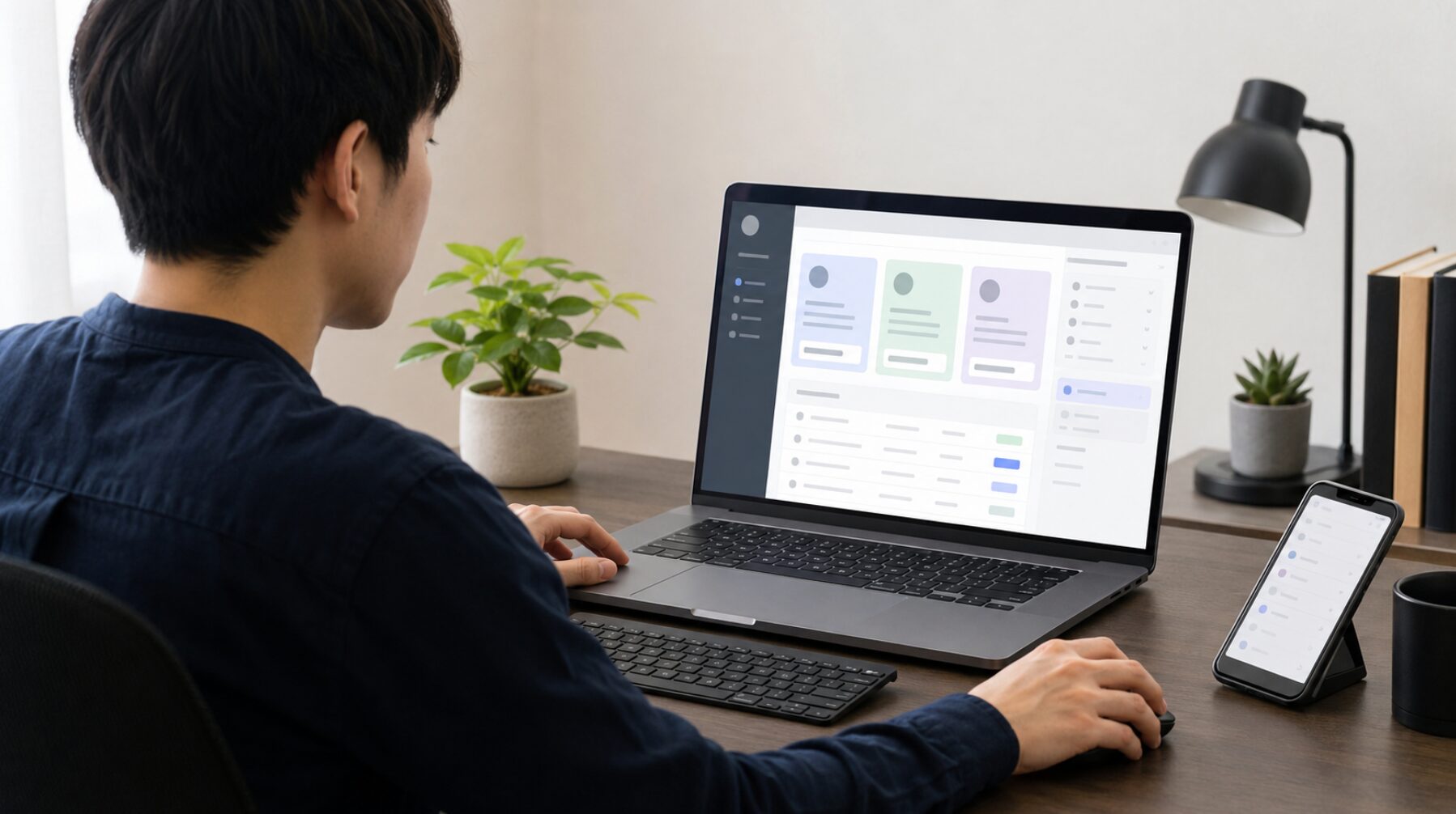 パソコンの契約管理画面でCapCut無料体験のプランと自動更新を確認する日本人男性