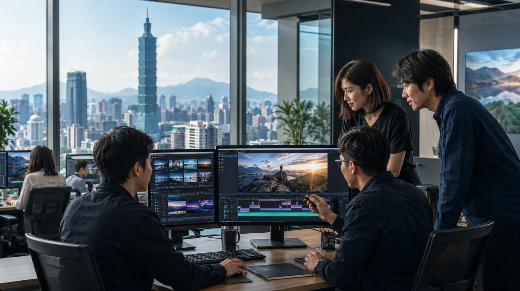 台湾のオフィスで動画編集ソフトの開発に取り組むアジア人のソフトウェアチーム
