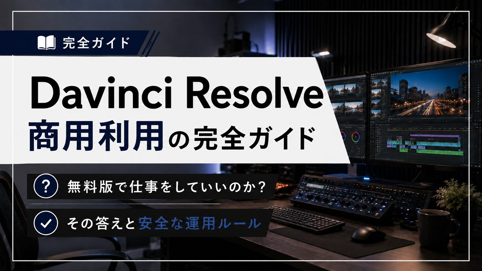 ダビンチリゾルブの商用利用に関する完全ガイドのタイトルスライド。無料版で仕事をしていいのかという疑問と安全な運用ルールについて解説しています。