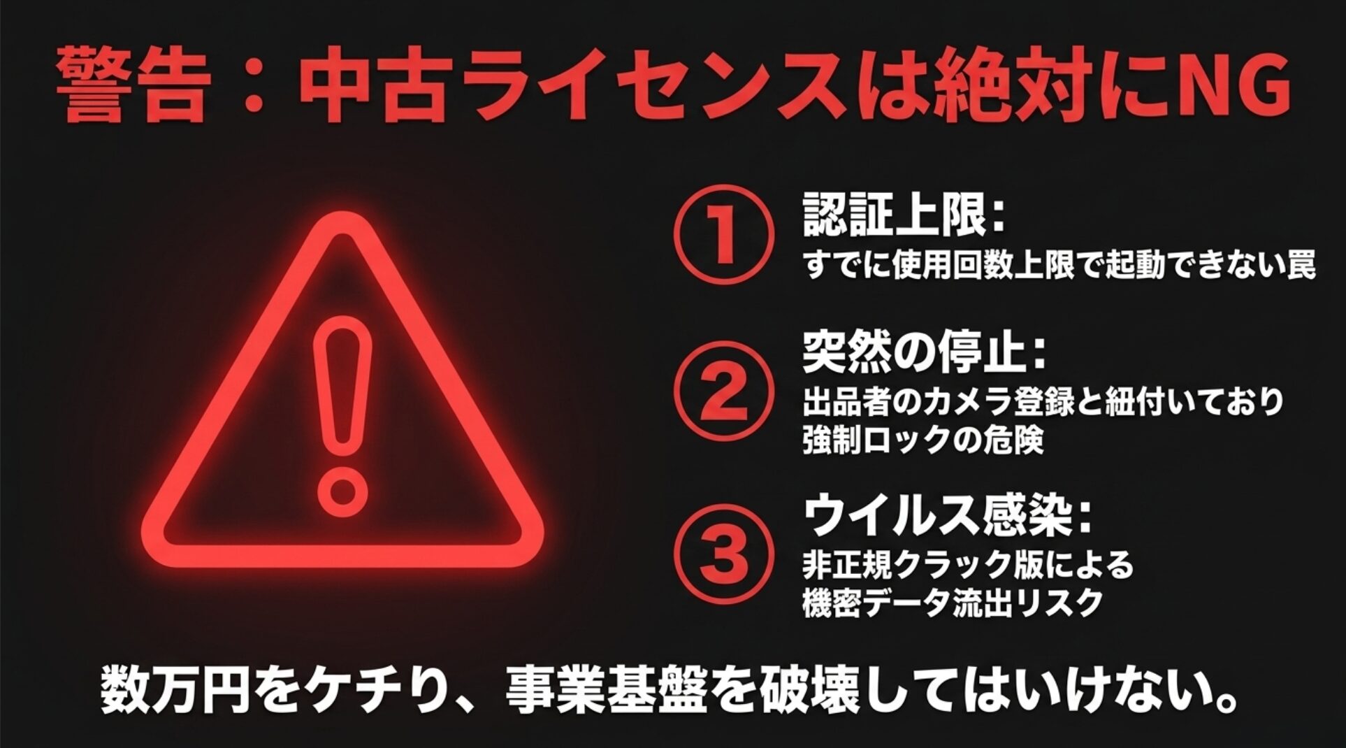 認証上限、突然の停止、ウイルス感染など、DaVinci Resolveの中古ライセンス購入に潜む事業基盤を破壊する3つの危険性