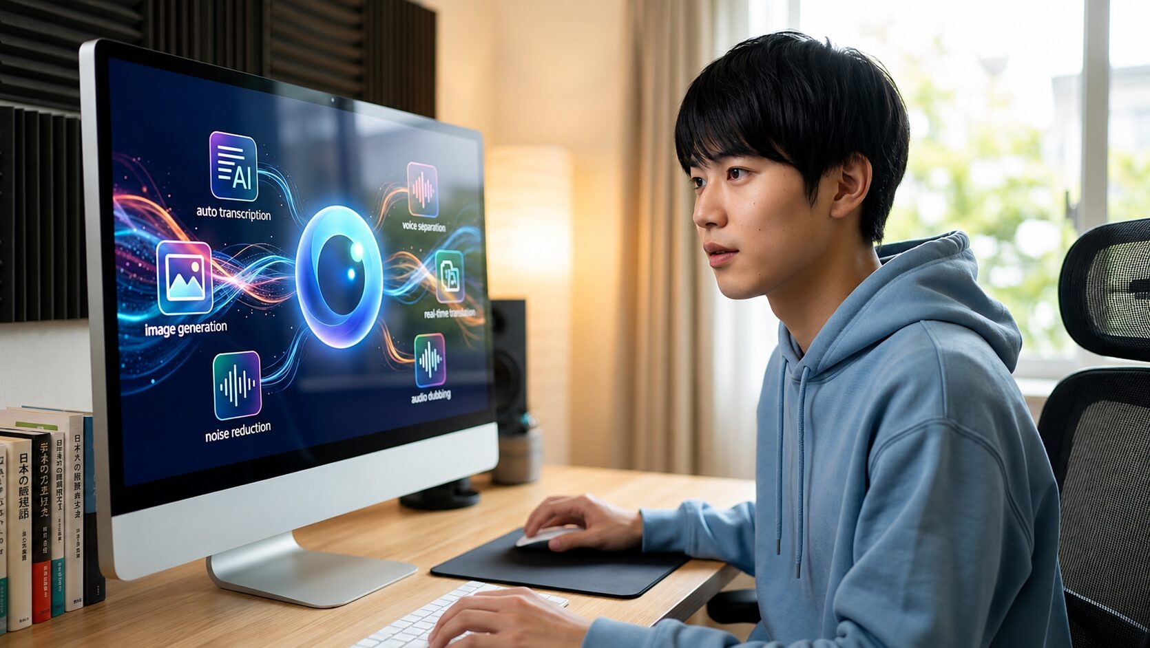 自宅のPCデスクで、画面に表示されたAIクレジット(テキストなしの抽象的な輝くアイコン)の仕組みを真剣な表情で確認する日本人男性。AIツール(自動字幕起こしなど)の利用に伴う従量課金をイメージしている。