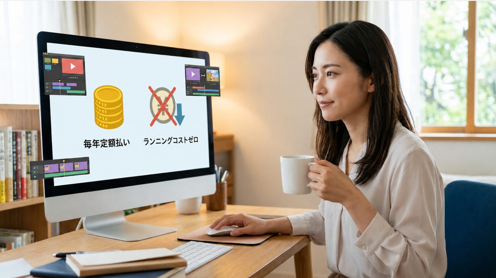 Filmora買い切り版の基本と特徴を理解し、自宅のデスクで安心して計画を立てる日本人女性の様子。PC画面には1回払いとランニングコストゼロを示す抽象的なアイコンが表示されている