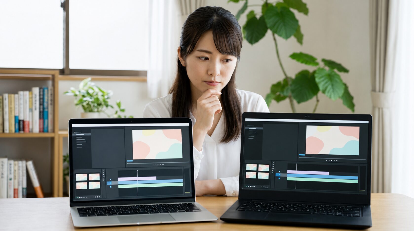 MacとWindows、それぞれのパソコンを前に、Filmoraの買い切りライセンスがOSをまたいで使えないことを考慮し、どちらで利用するか慎重に考える日本人女性。