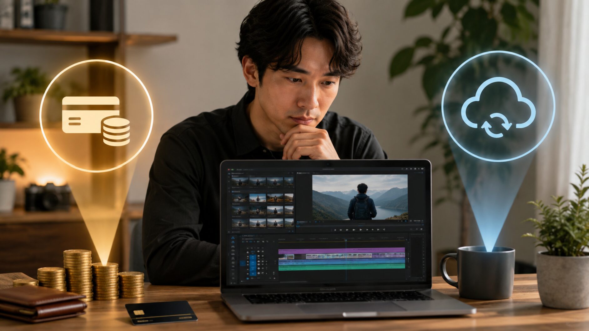 Filmoraの買い切り版と年間プランの違いを動画編集画面を見ながら比較する日本人男性