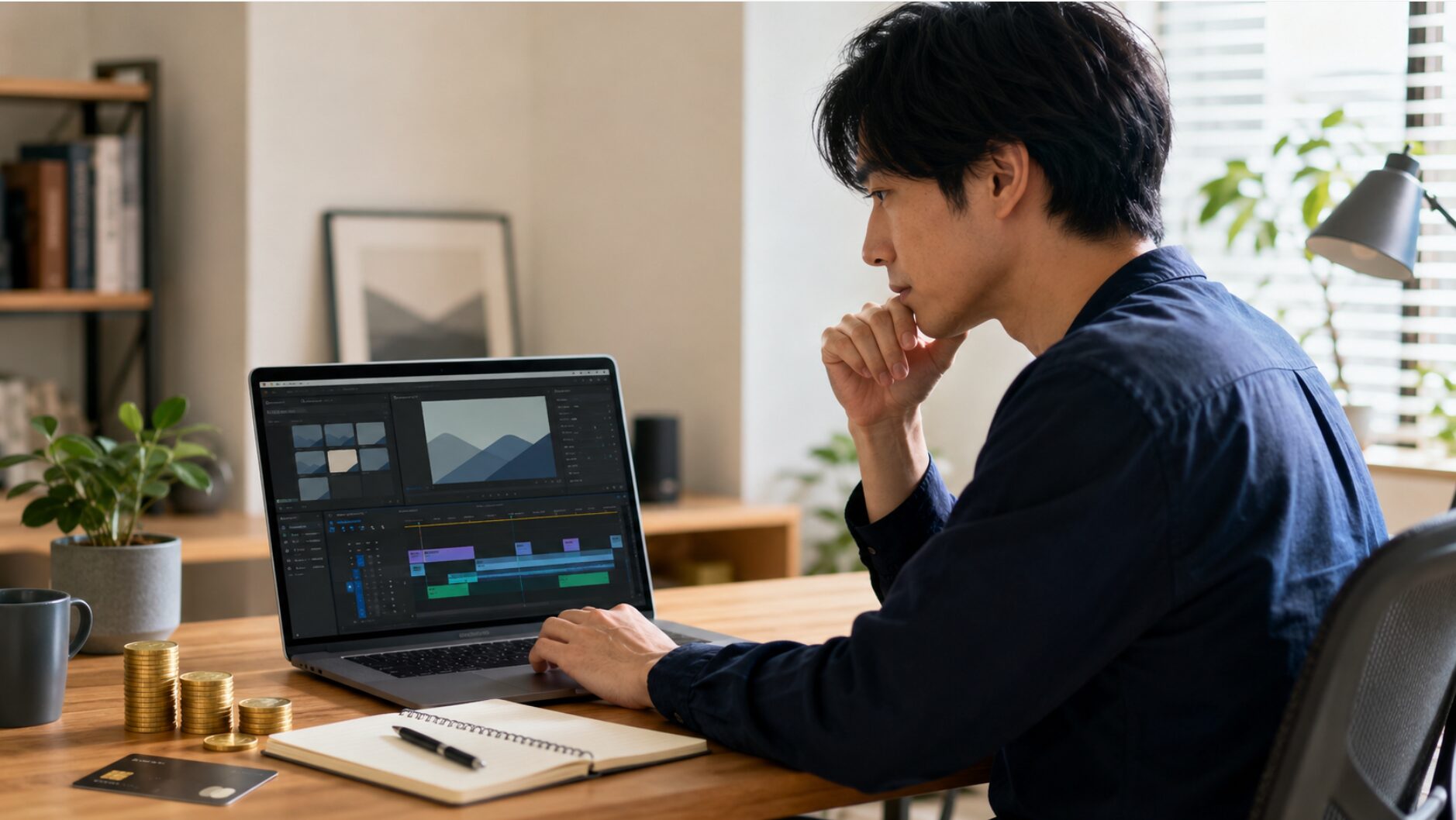 Filmoraの買い切り版の価格やライセンス内容をパソコンで比較する日本人男性
