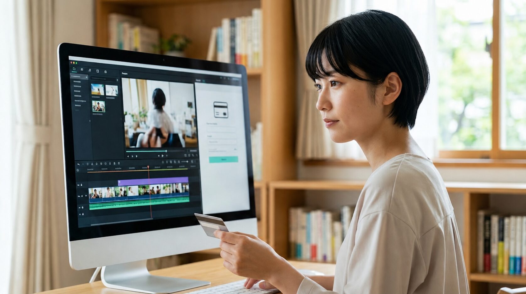 PC画面に表示された動画プレビューに大きな透かし(Filmoraのロゴ、テキストなし)が入っているのを確認し、それを消すためにクレジットカードを手に持ち、ライセンス購入の手続きを進める日本人女性。
