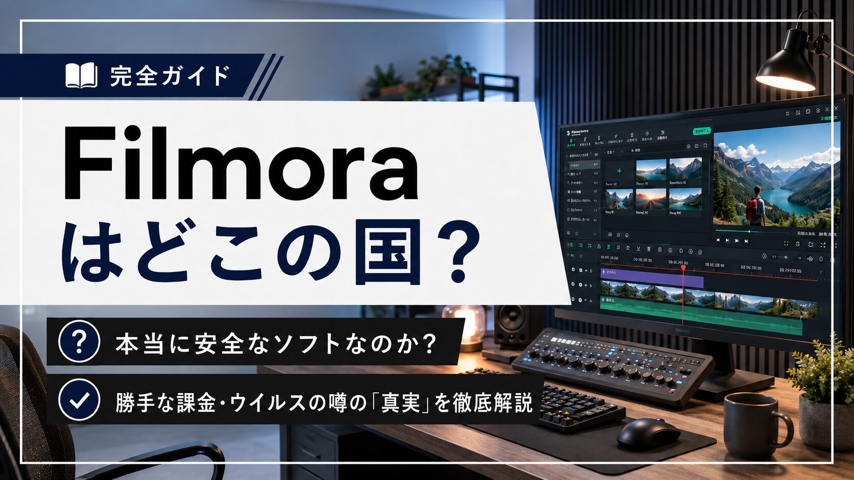 Filmoraはどこの国で安全なソフトなのか、勝手な課金やウイルスの噂の真実を解説するタイトルスライド