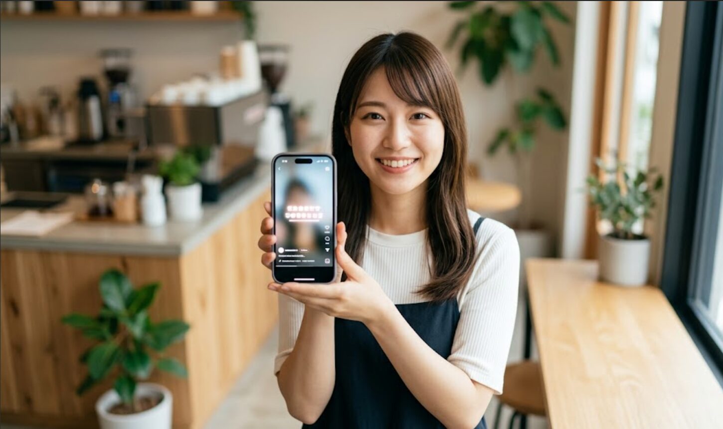 明るいカフェで、日本人女性のクリエイターが、CapCutやInShotなどの代替アプリを使って完成させた高品質な縦動画(9:16)をiPhoneで誇らしげに再生している。iMovieの制限を克服し、満足のいく仕上がりになった様子。