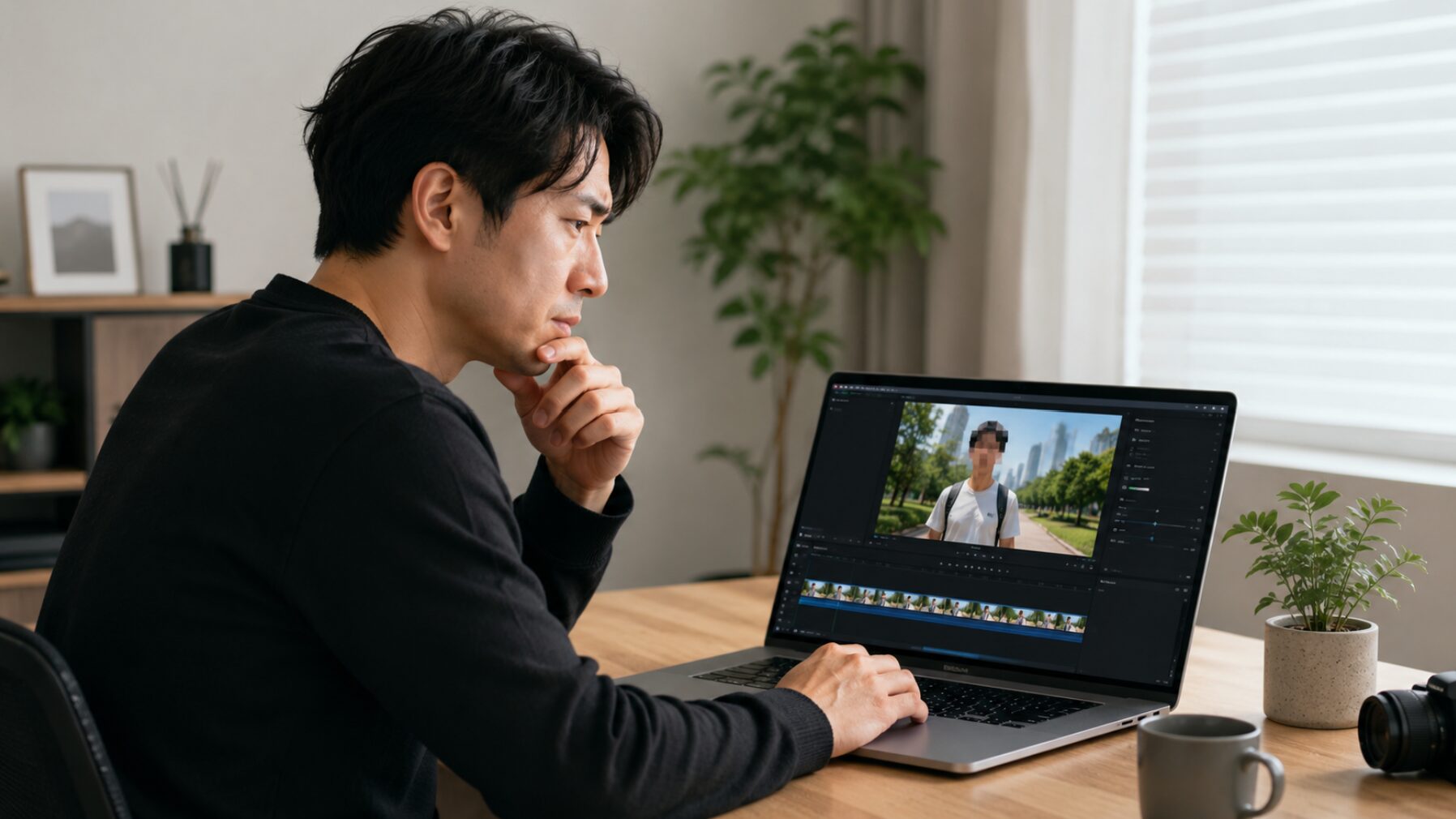 iMovieで動画内の人物の顔にモザイクをかける方法を検討する日本人男性