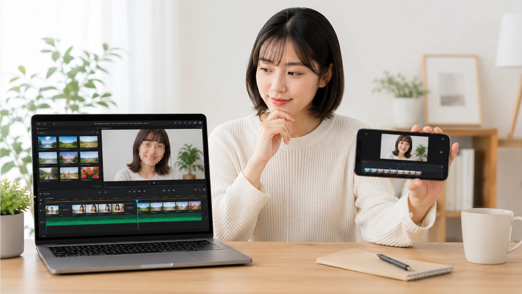 MacとiPhoneの動画編集画面で顔のモザイク処理を比較する日本人女性