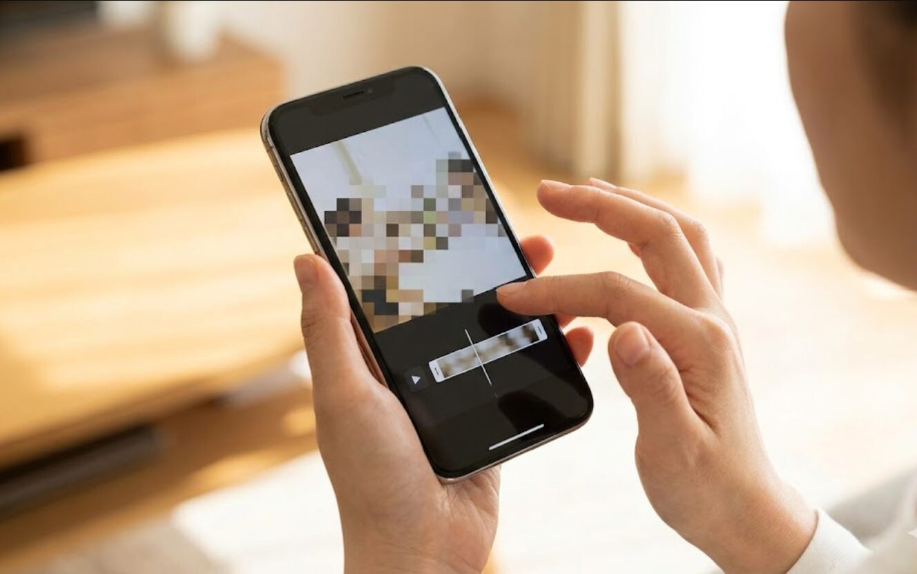- iPhoneを操作する日本人の手。画面にはモザイク処理のための外部画像加工アプリが表示されており、iMovieとの連携手順を示唆。