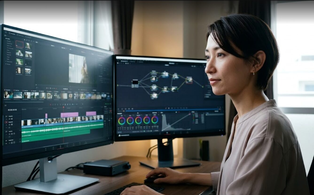 デュアルモニター環境で高機能な動画編集ソフト（DaVinci Resolveを想定）を使いこなす日本人女性。複雑なタイムラインとノード編集画面で作業している。