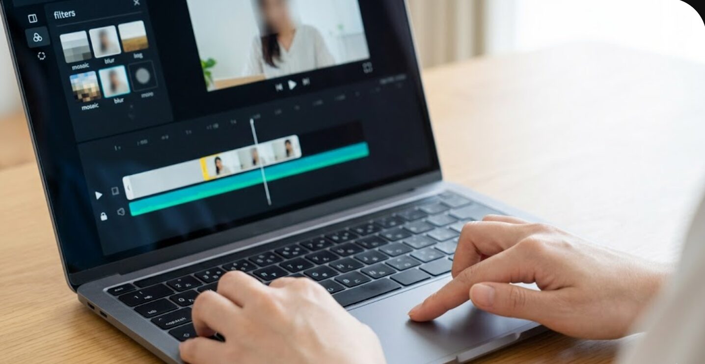 ノートパソコンで動画編集ソフト（Shotcutを想定）を操作する日本人の手。標準搭載のフィルター機能で、簡単にモザイク処理を行っている。