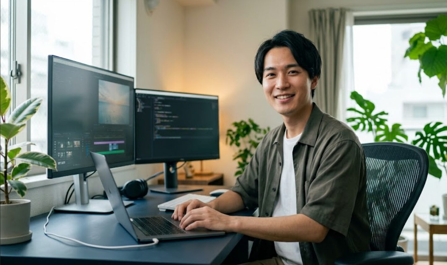 動画編集作業を終え、満足げな表情で微笑む日本人男性。自分に合ったツールを見つけ、快適な編集ライフを送っている。