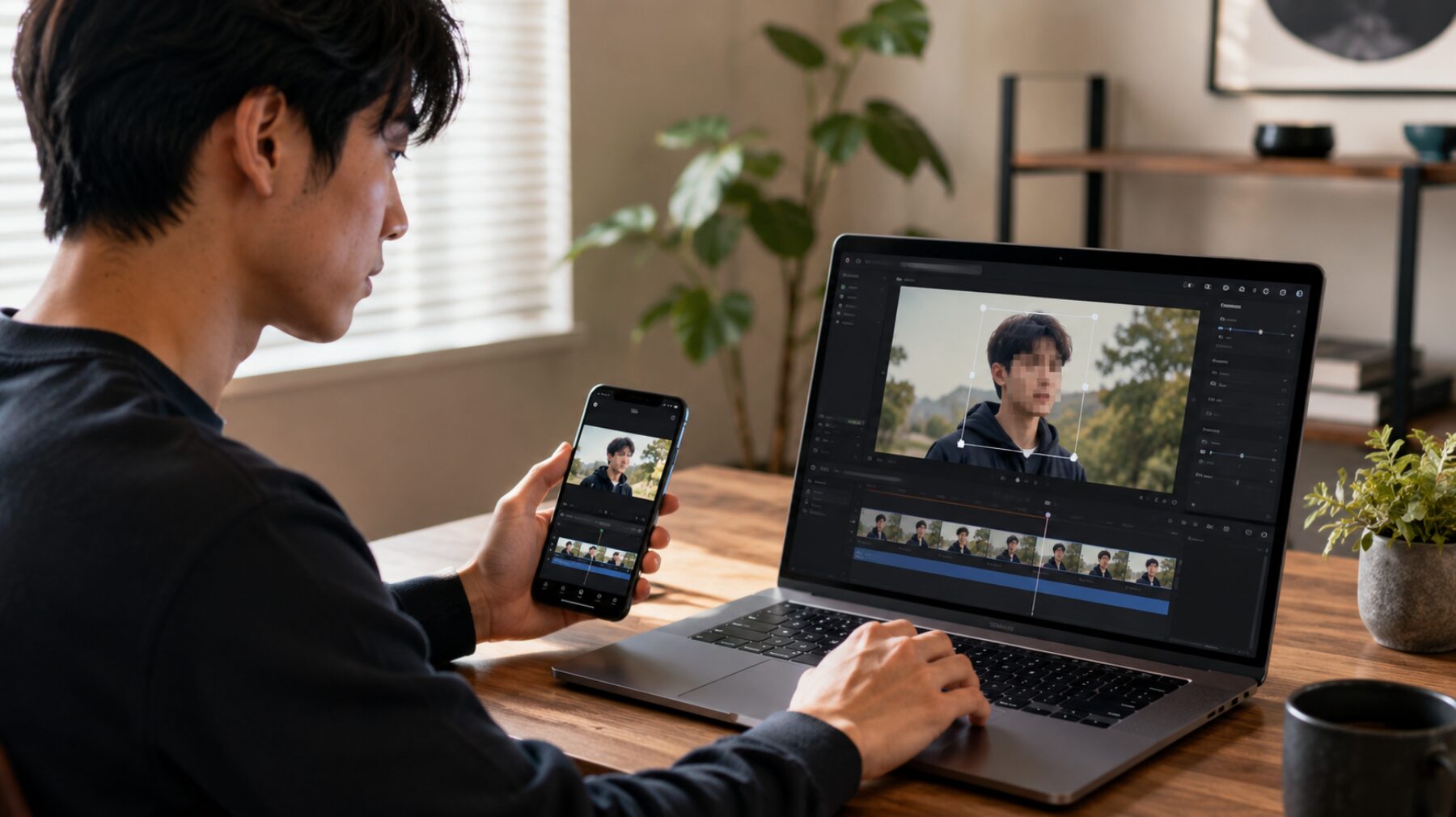 iMovieのモザイク追従をパソコンとスマホで編集する日本人男性