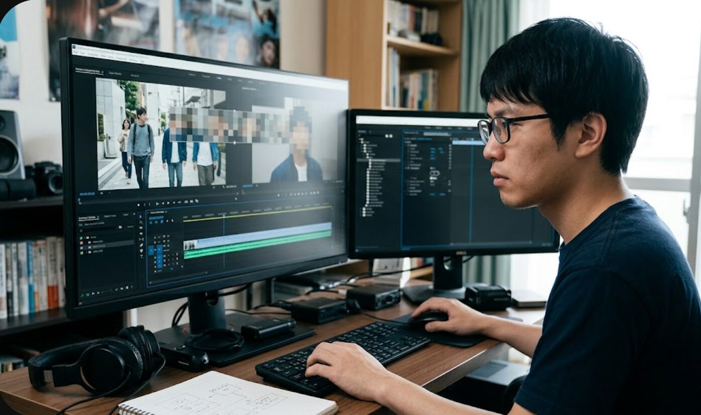 デスク上でマウスを細かく操作する日本人。iMovieで動く被写体にモザイクを追従させるための地道な手動作業を表現。