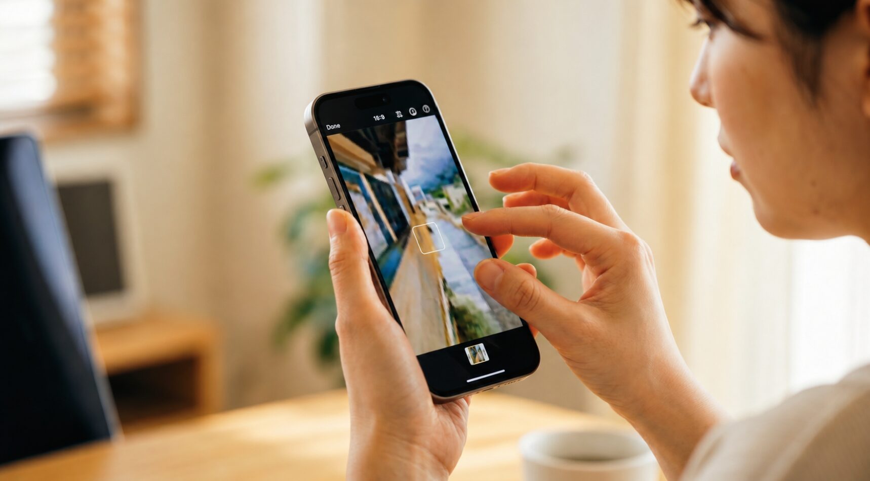 iPhoneのiMovieアプリで、日本人女性の手がピンチ操作(拡大)を行い、16:9キャンバス上の縦動画の黒帯を消そうとしている。映像が極端にズームされ、画質が劣化している様子。