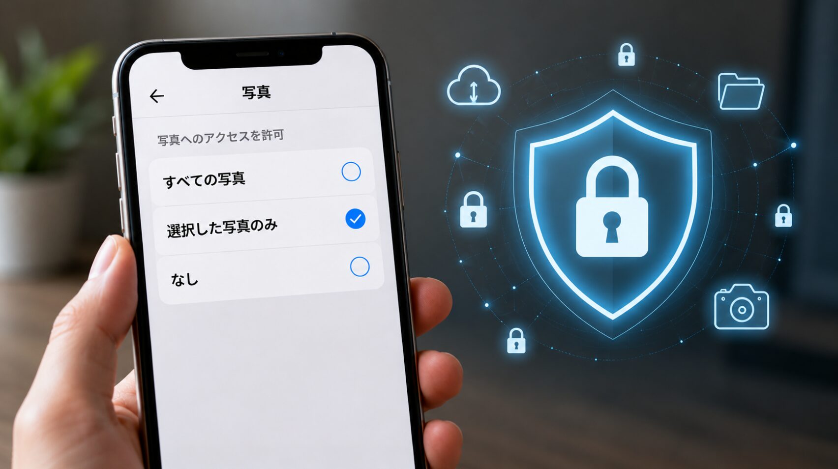 スマホの写真アクセス権限を制限して安全に動画編集アプリを使う様子