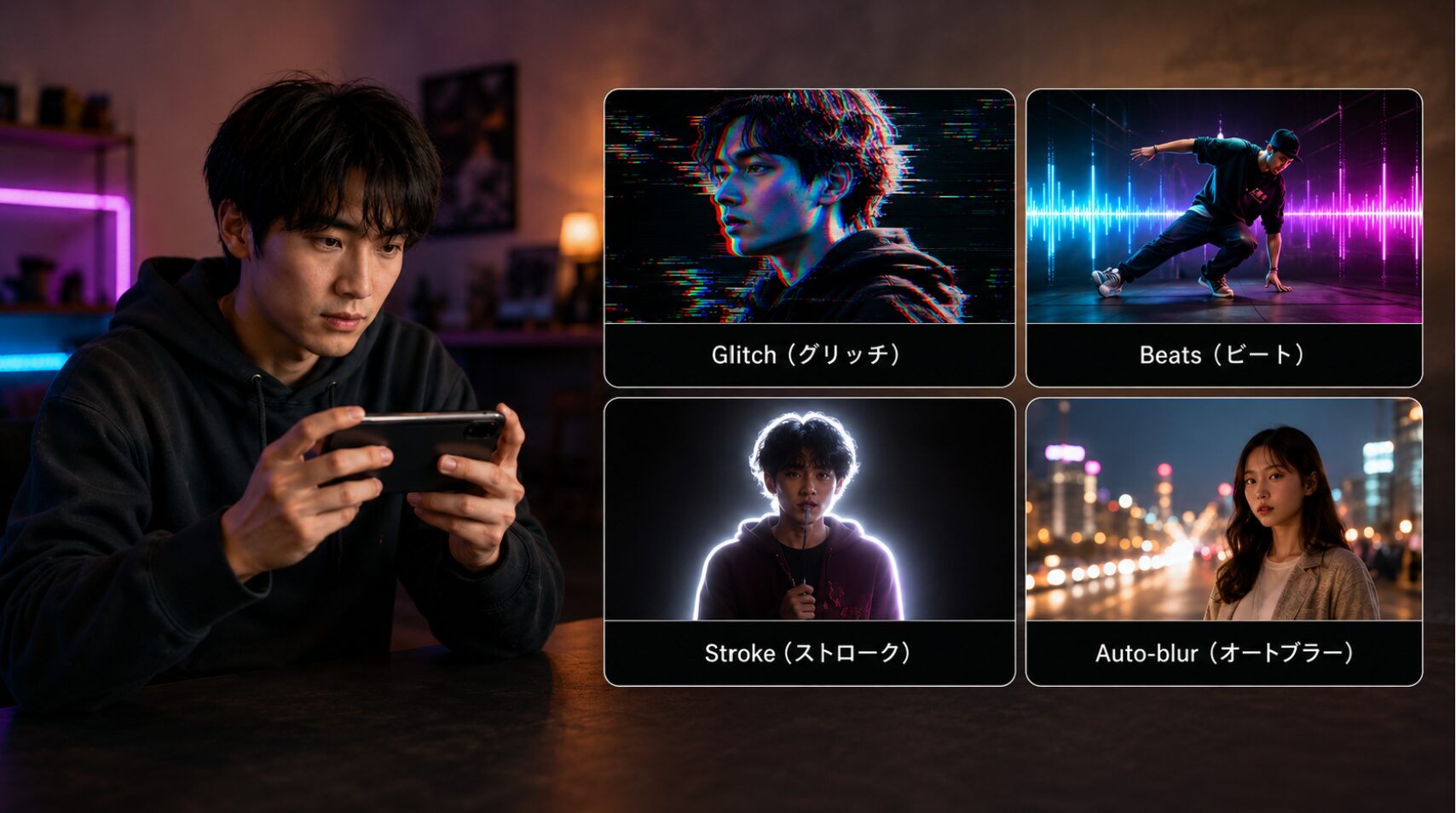 InShot ProのエフェクトやAI編集機能を使う日本人男性