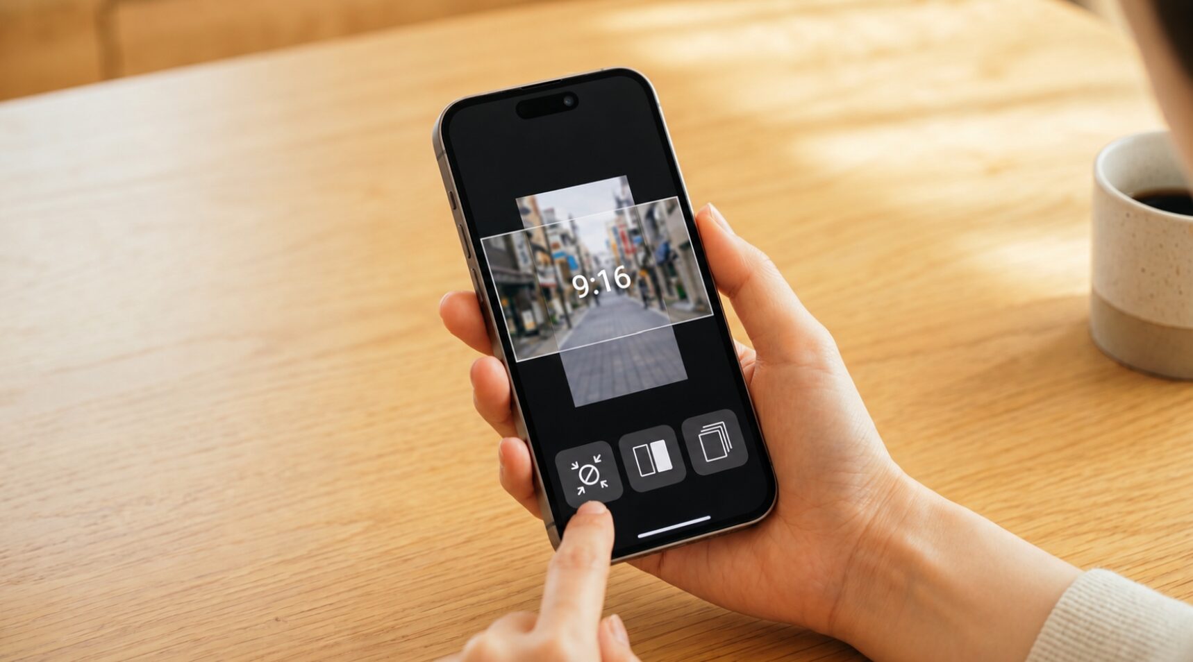 iPhoneで、日本人女性の手がアスペクト比調整(リサイズ)に特化したマイクロアプリを操作している。iMovieで作成した16:9の動画を読み込み、ワンタップで9:16の縦長動画にクロップしようとしている様子。