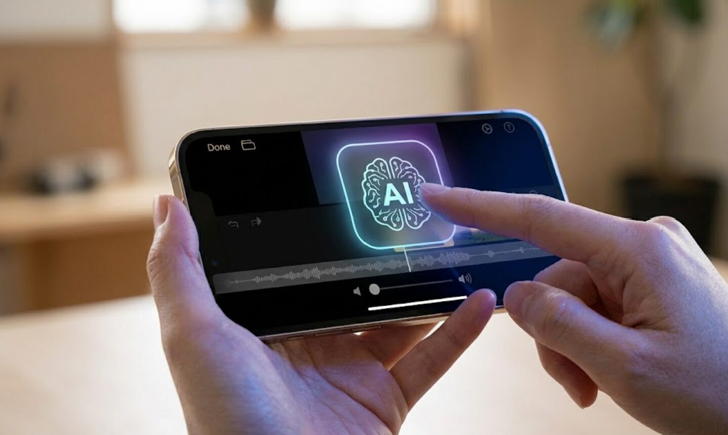 iPhoneのアプリでAIによるノイズ低減機能を直感的に操作している様子