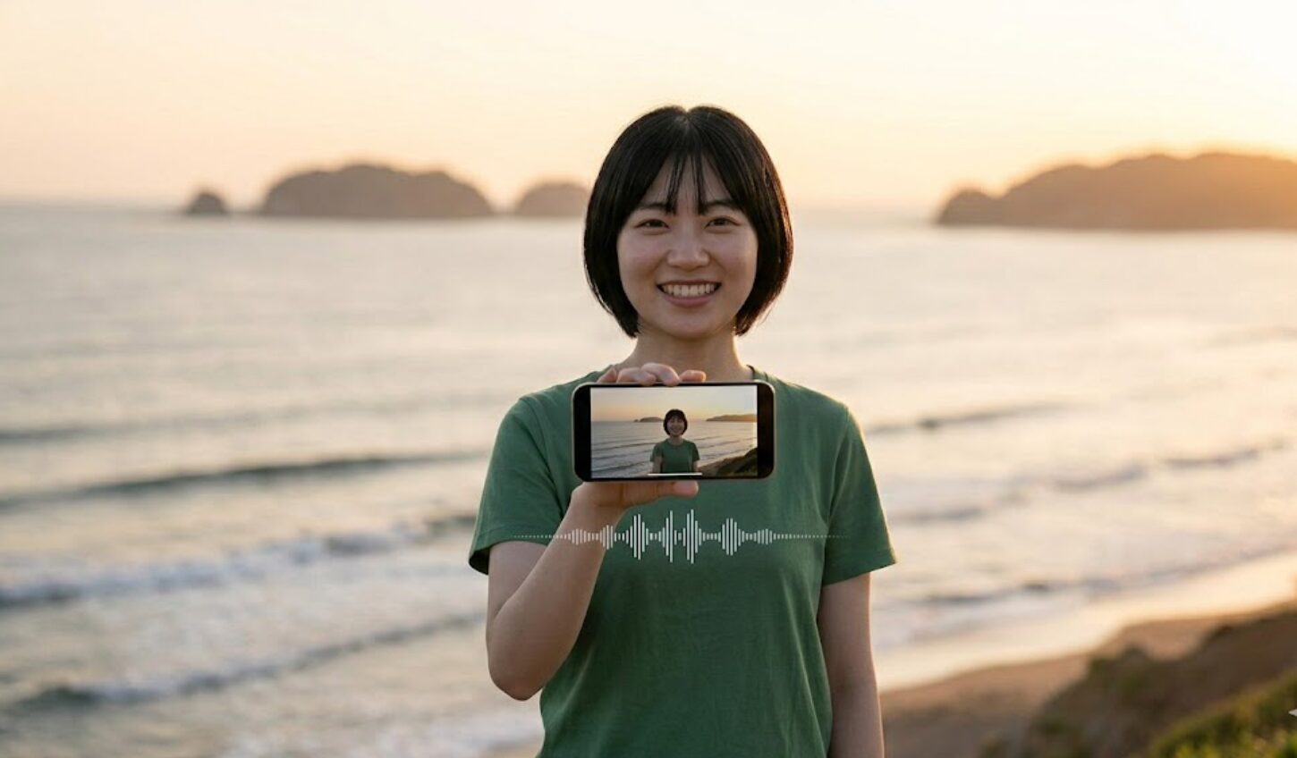 ノイズを除去し音声がクリアになった動画をiPhoneで確認して微笑む日本人女性