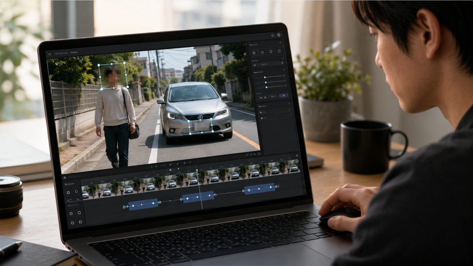動画内の人物の顔と車のナンバーにモザイクを手動追従させる編集画面