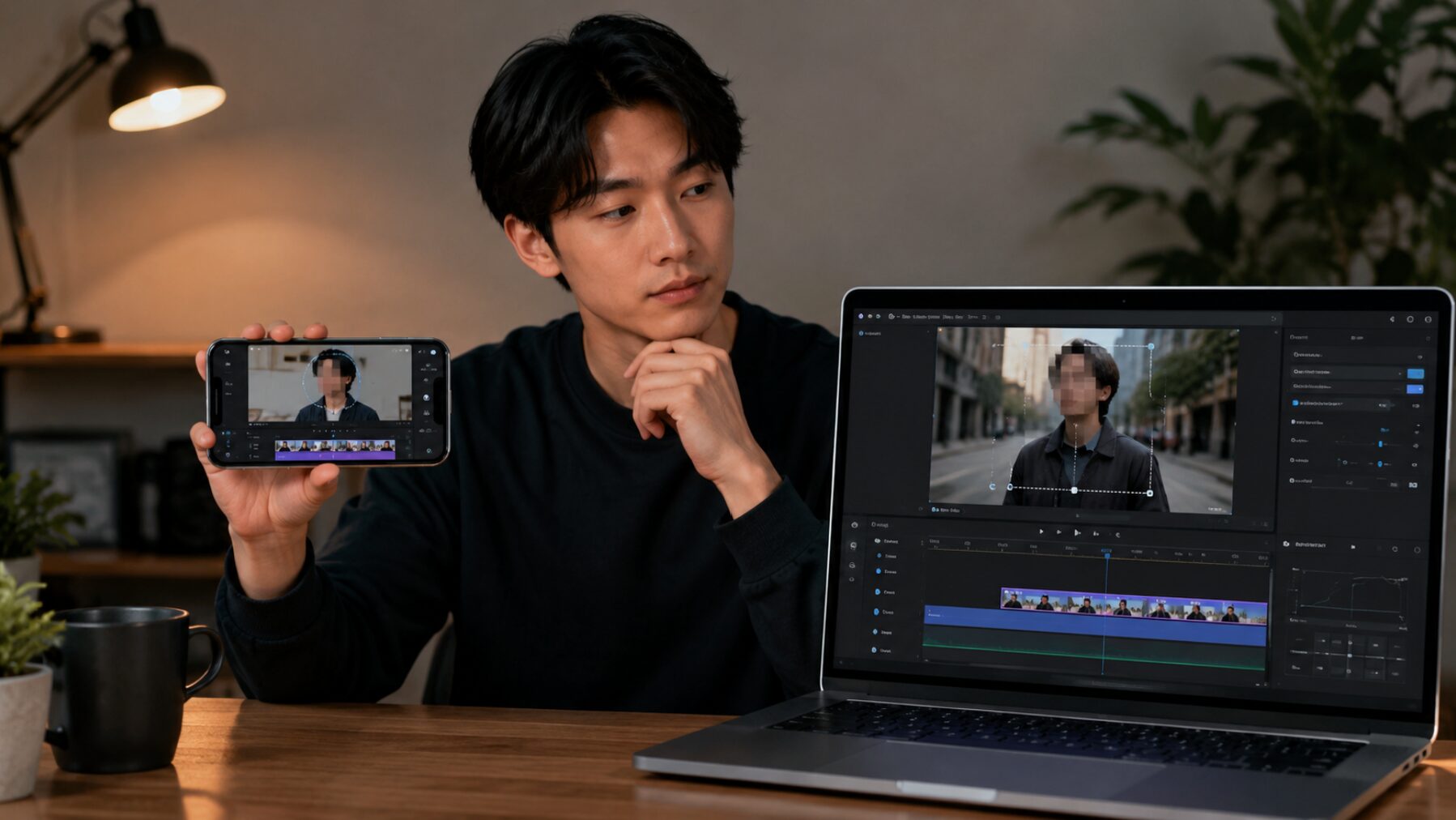 モザイク追従に使うスマホアプリとパソコン用動画編集ソフトを比較する日本人男性