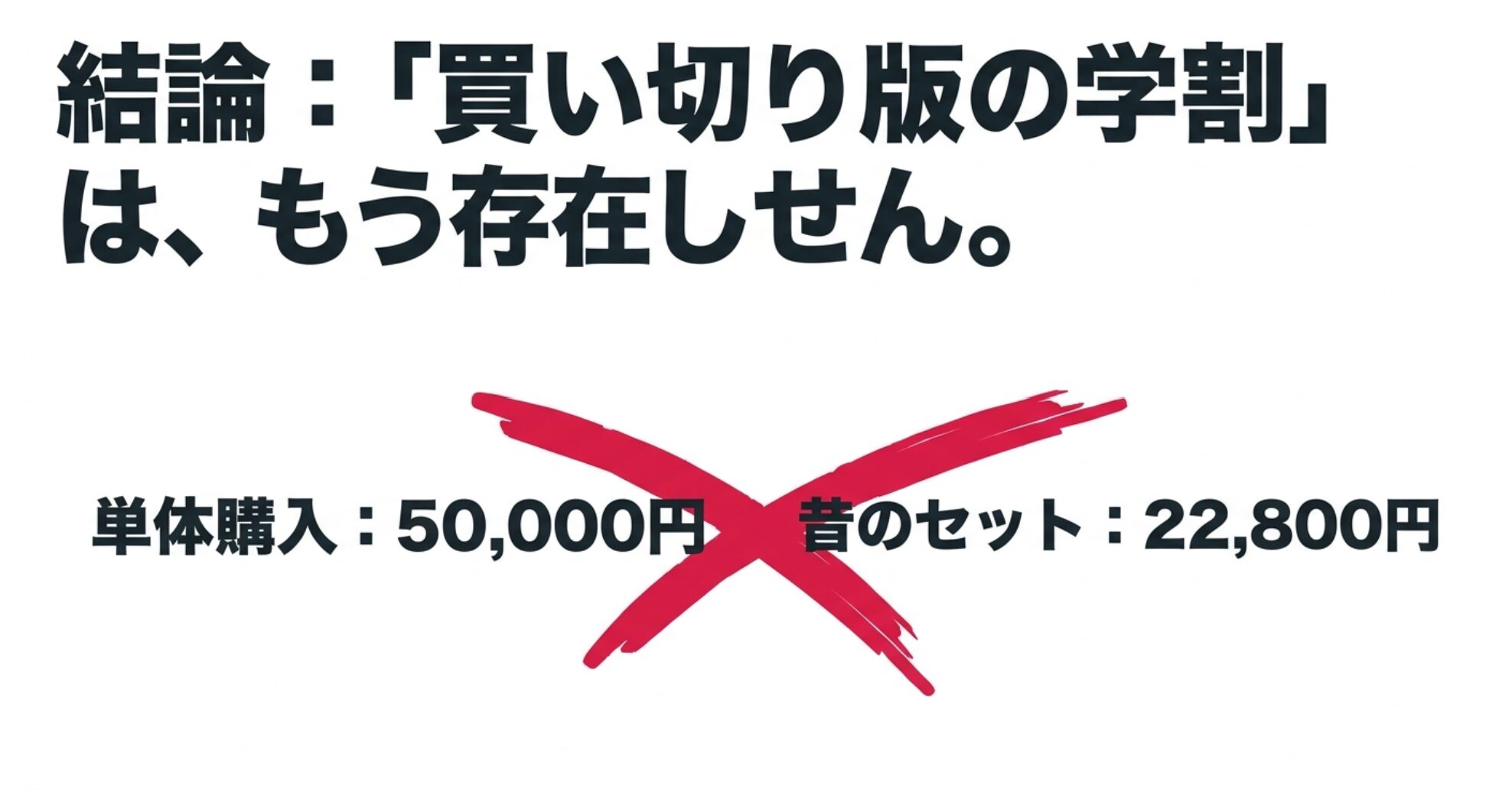 結論として買い切り版の学割は存在せず、現在は単体購入50,000円または昔のセット22,800円との比較