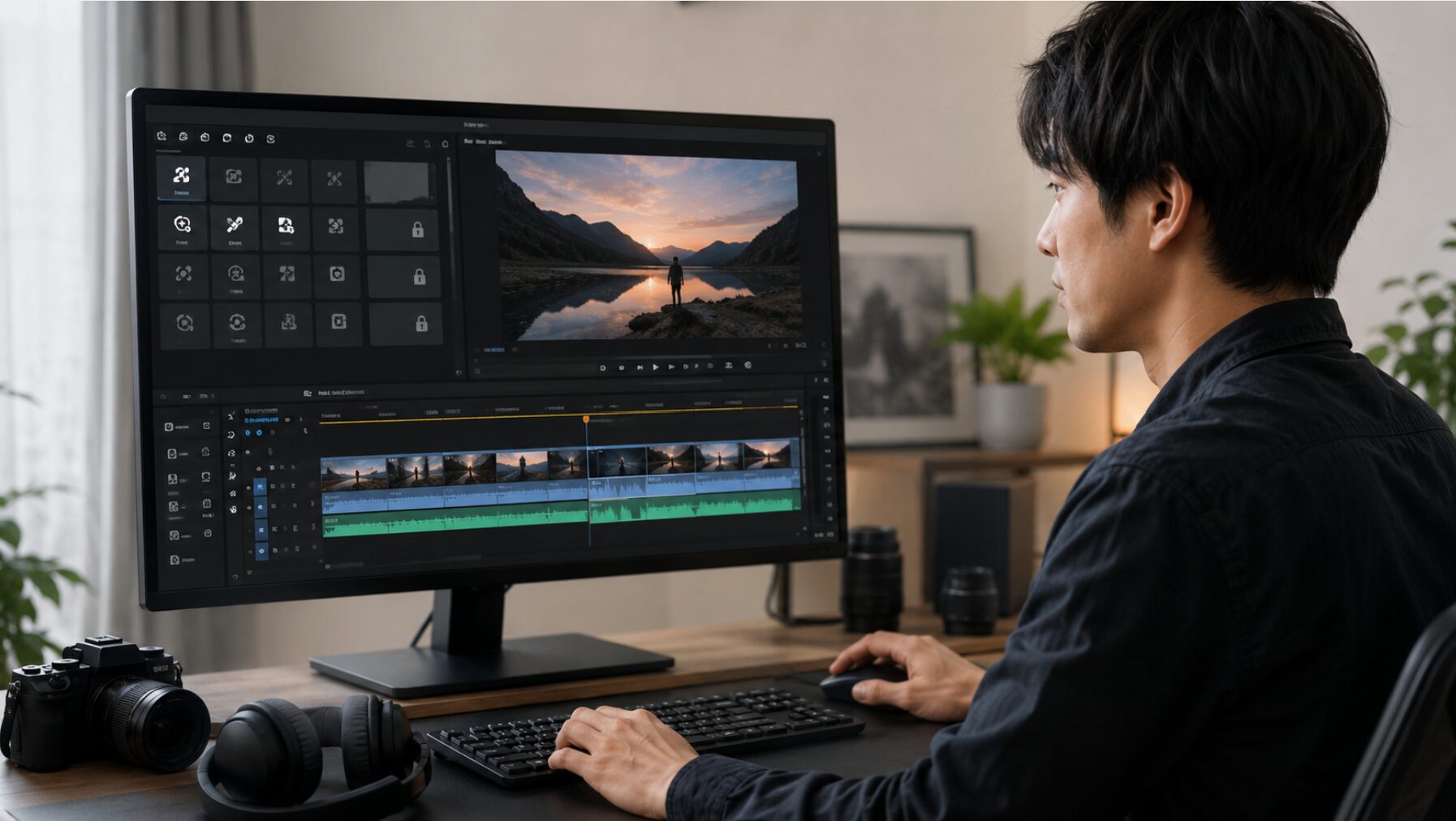 PowerDirector無料版の編集画面で利用できる機能と制限を確認する日本人男性