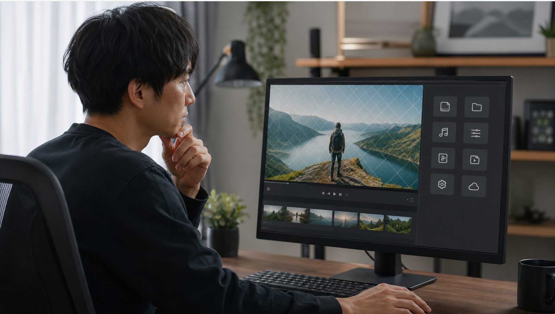 PowerDirector無料版で書き出した動画の透かしと出力制限を確認する日本人男性
