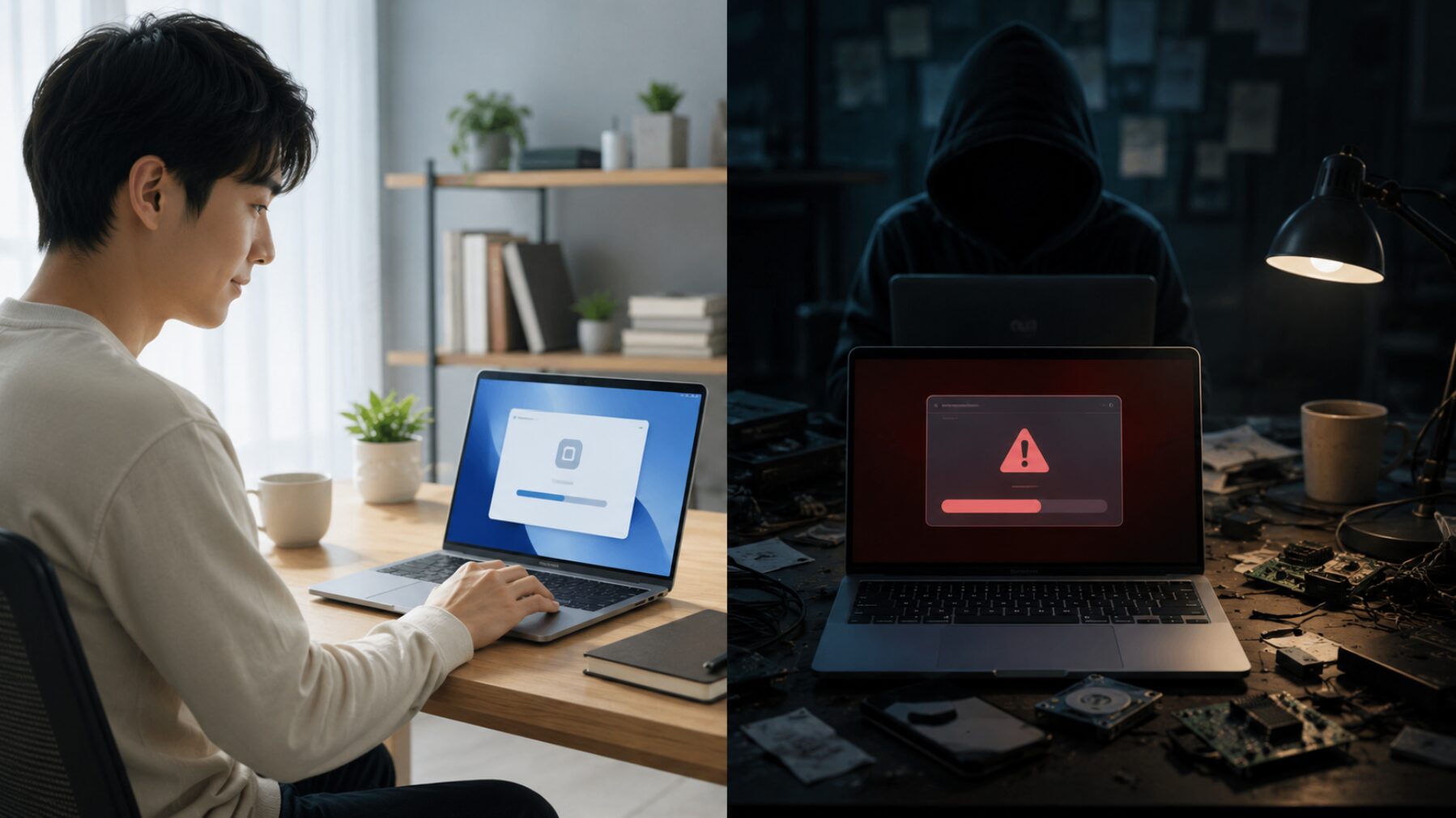 PowerDirectorの公式版と非公式版を比較し、怪しい配布サイトや改造版の危険性を示すイメージ