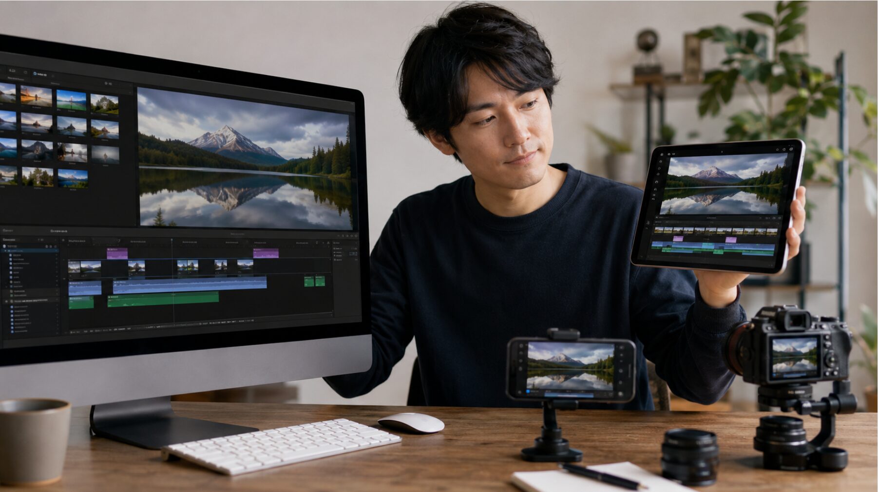 PowerDirectorのPC版とスマートフォンアプリ版の編集画面を比較する日本人男性