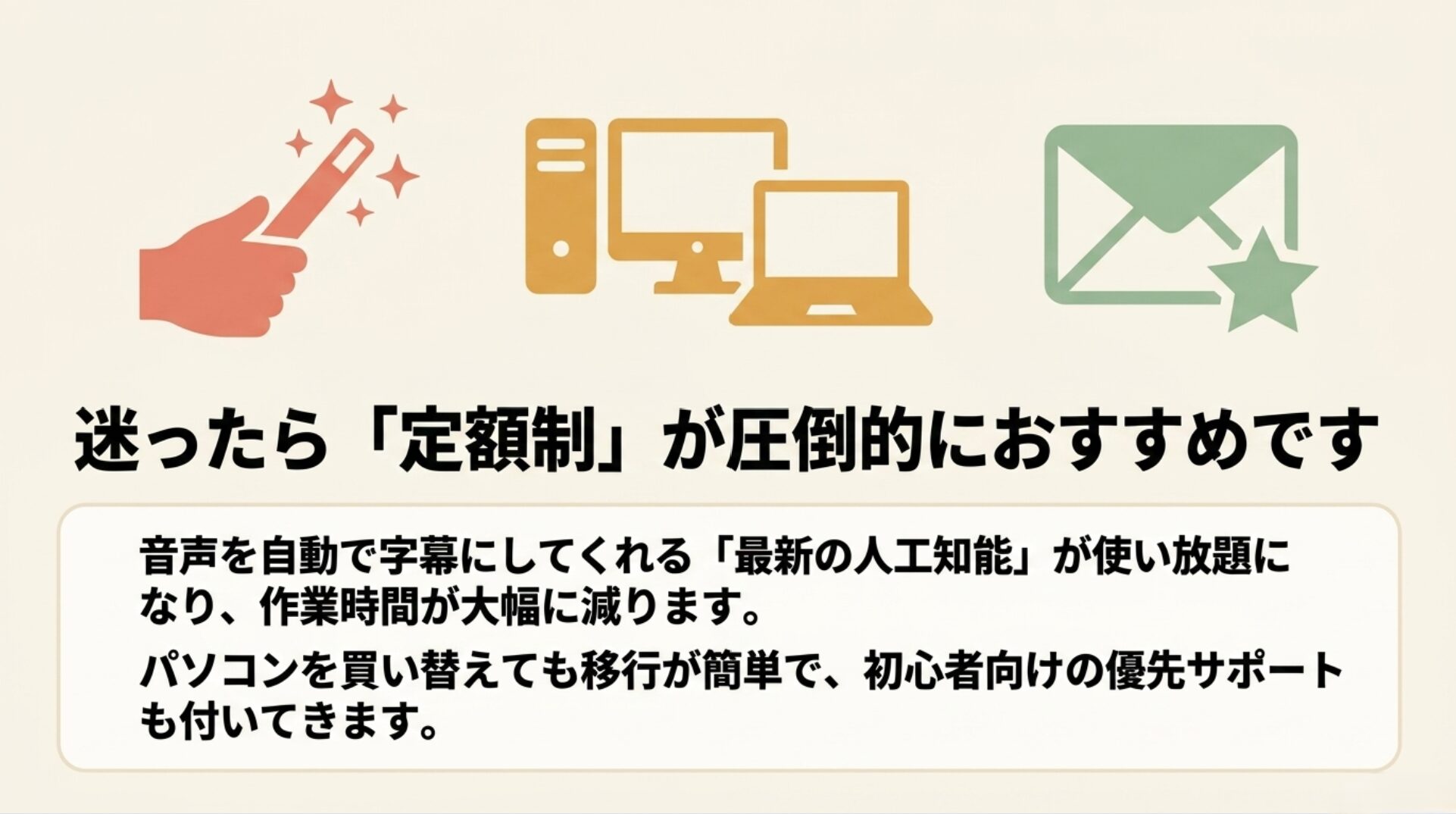 最新の人工知能が使い放題になり作業時間が減ることや、優先サポートが付くため定額制が圧倒的におすすめであると解説するスライド