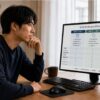 動画編集ソフトの料金プランを比較し、どちらを選ぶべきか悩む日本人男性の様子