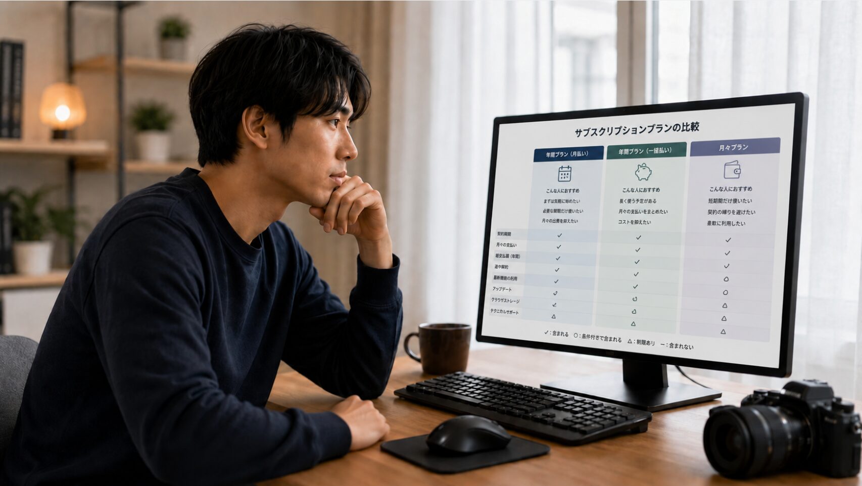 動画編集ソフトの料金プランを比較し、どちらを選ぶべきか悩む日本人男性の様子