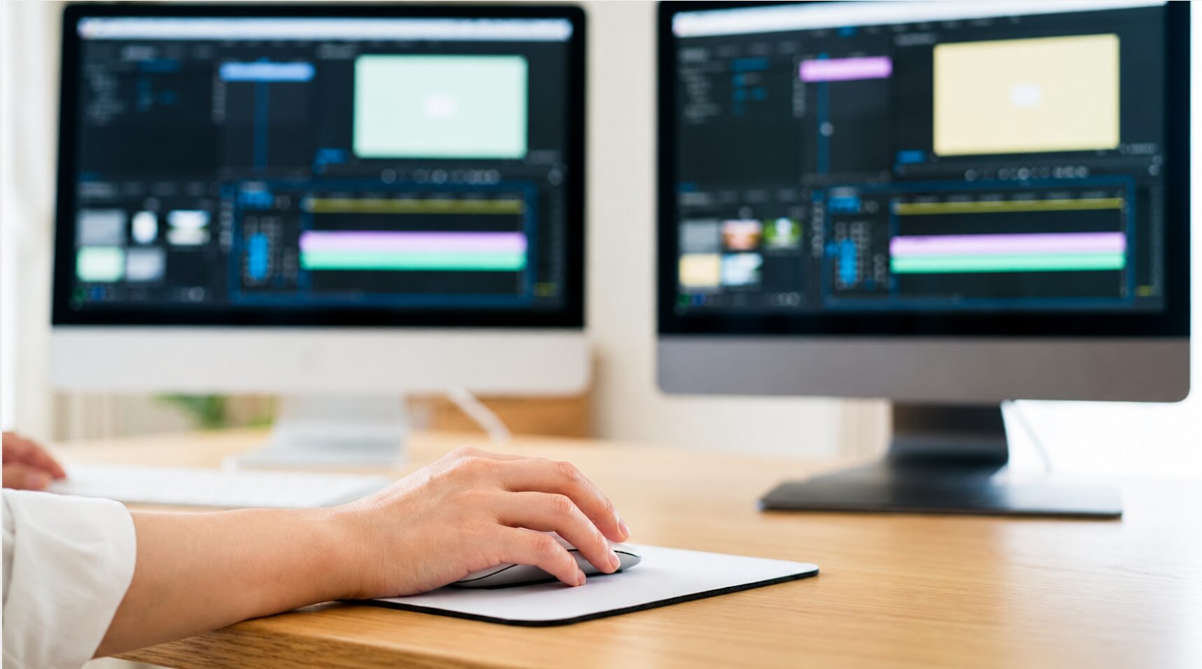 PCの画面に映る、異なる操作感や機能を持つ2つの代替動画編集ソフトを比較検討する日本人女性の手元