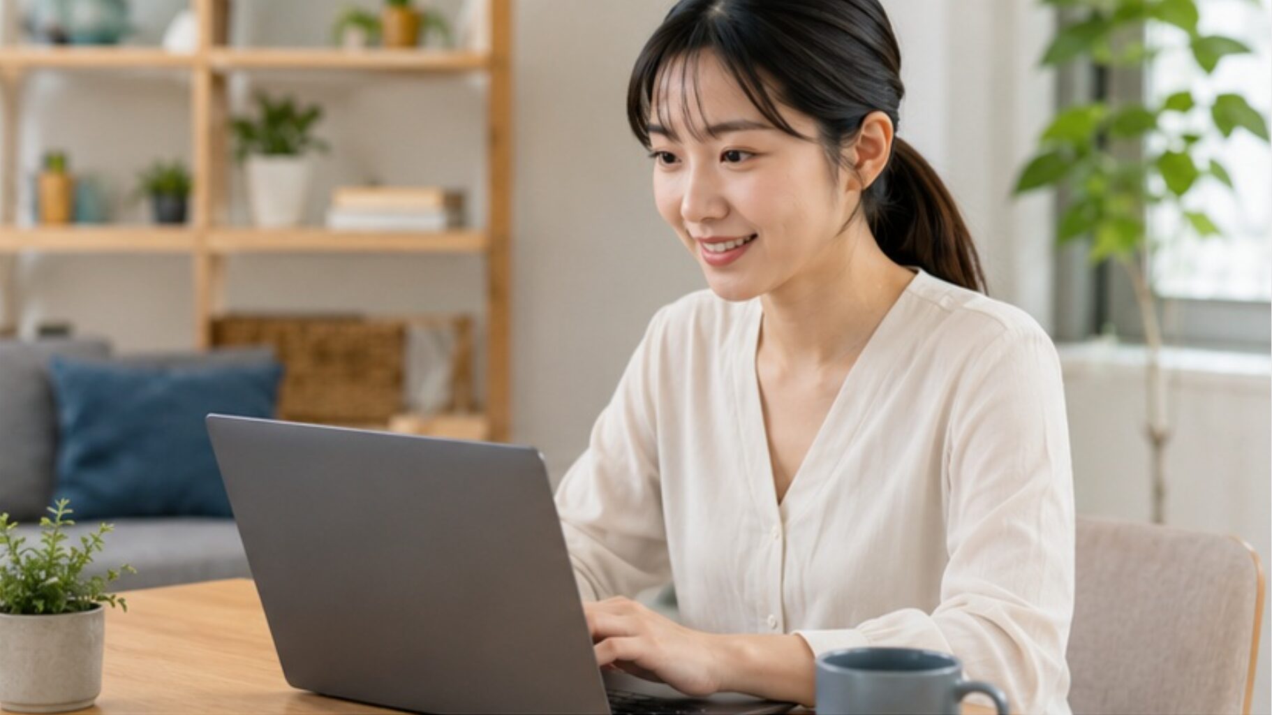 無料動画編集ソフトをノートパソコンで確認する日本人女性